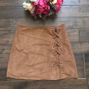 Brown Faux Suede Lace Skirt